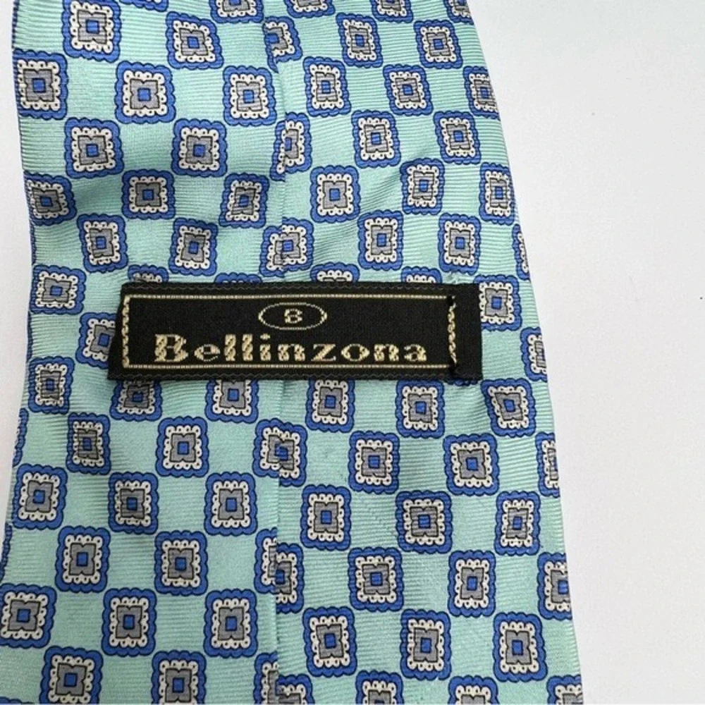 Bellinzona Silk Tie Mens Blue Grey Geometric Medallion Mint Green Hand Sewn USA